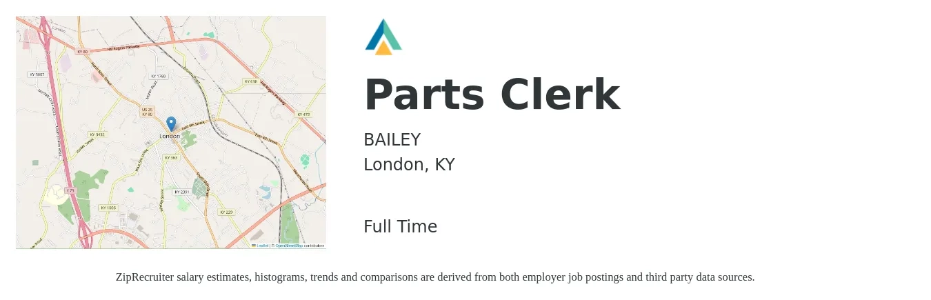 BAILEY job posting for a Parts Clerk in London, KY with a salary of $14 to $18 Hourly with a map of London location.