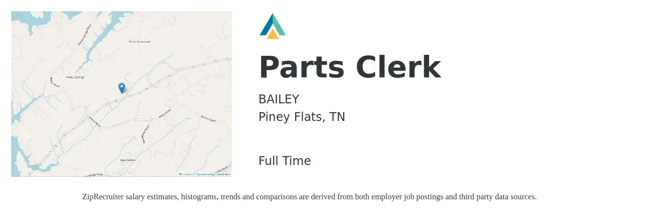 BAILEY job posting for a Parts Clerk in Piney Flats, TN with a salary of $15 to $20 Hourly with a map of Piney Flats location.