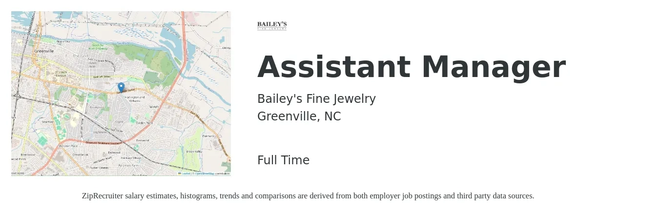 Bailey's Fine Jewelry job posting for a Assistant Manager in Greenville, NC with a salary of $14 to $20 Hourly with a map of Greenville location.