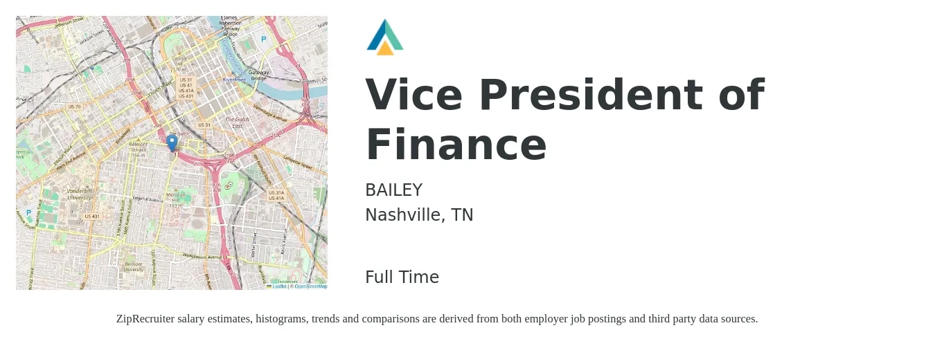 BAILEY job posting for a Vice President of Finance in Nashville, TN with a salary of $131,900 to $191,900 Yearly with a map of Nashville location.