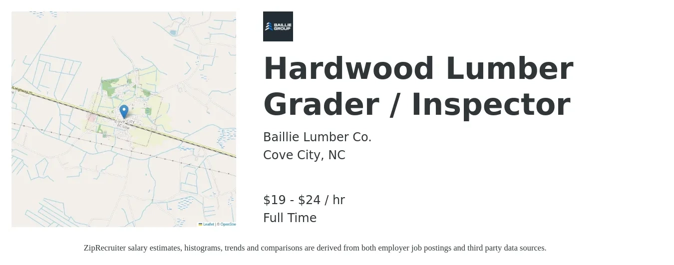 Baillie Lumber Co. job posting for a Hardwood Lumber Grader / Inspector in Cove City, NC with a salary of $20 to $25 Hourly with a map of Cove City location.