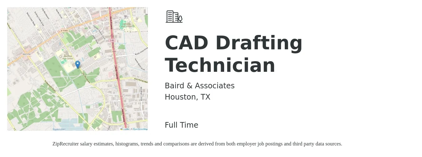 Baird & Associates job posting for a CAD Drafting Technician in Houston, TX with a salary of $21 to $31 Hourly with a map of Houston location.
