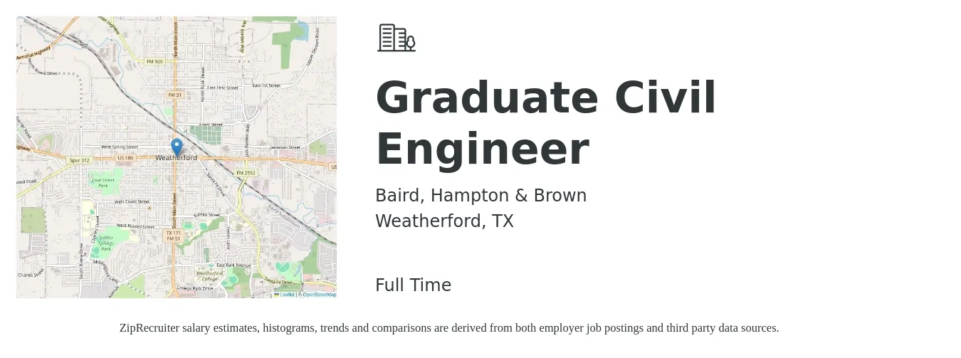 Baird, Hampton & Brown job posting for a Graduate Civil Engineer in Weatherford, TX with a salary of $36,500 to $67,800 Yearly with a map of Weatherford location.