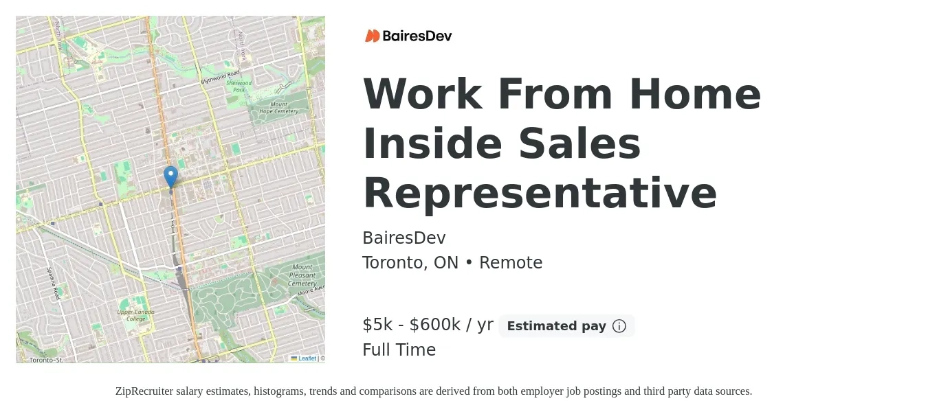 BairesDev job posting for a Work From Home Inside Sales Representative in Toronto, ON with a salary of $5,000 to $600,000 Yearly with a map of Toronto location.