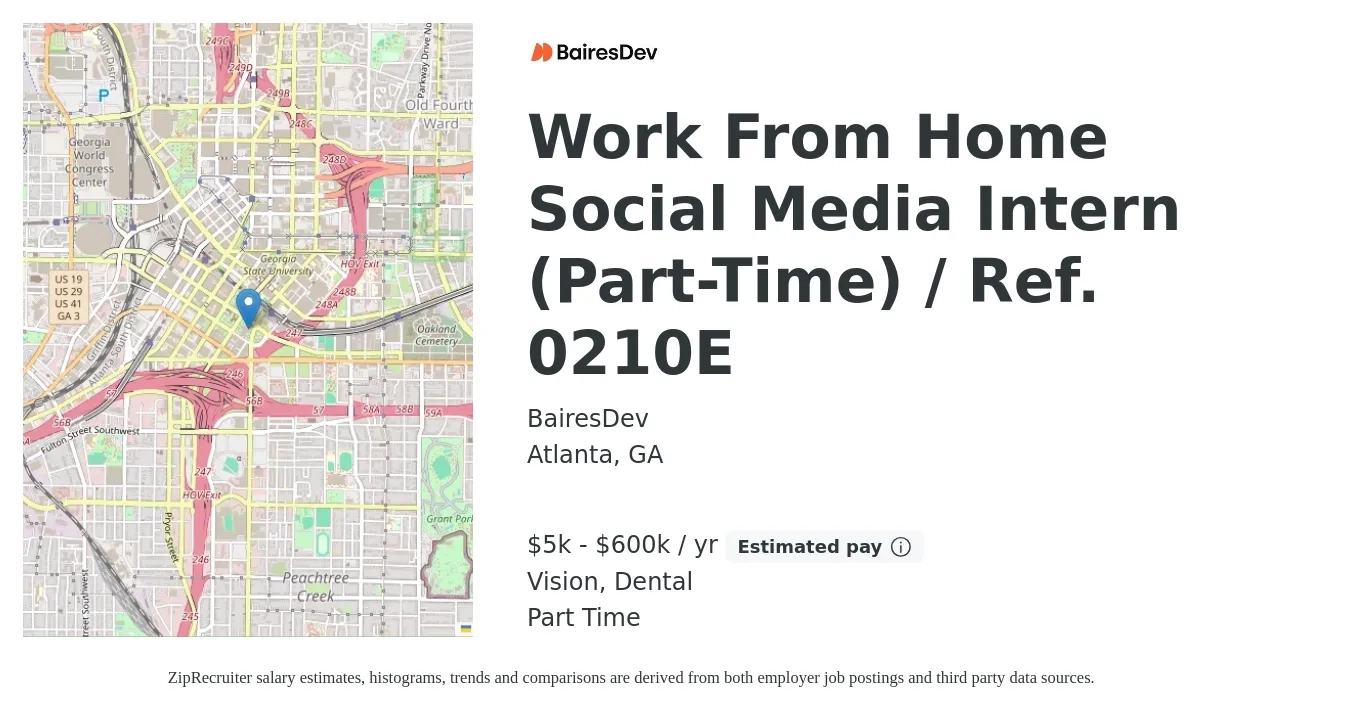 BairesDev job posting for a Work From Home Social Media Intern (Part-Time) / Ref. 0210E in Atlanta, GA with a salary of $5,000 to $600,000 Yearly and benefits including retirement, vision, dental, and life_insurance with a map of Atlanta location.