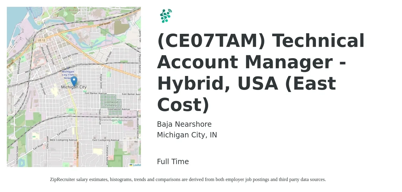 Baja Nearshore job posting for a (CE07TAM) Technical Account Manager - Hybrid, USA (East Cost) in Michigan City, IN with a salary of $500 Daily with a map of Michigan City location.