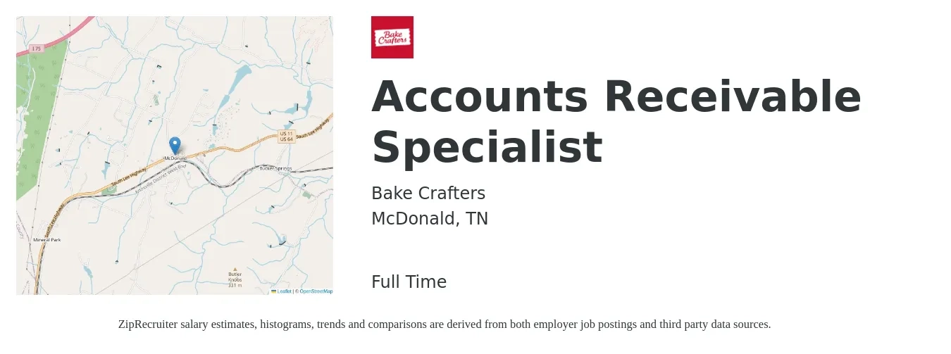 Bake Crafters job posting for a Accounts Receivable Specialist in McDonald, TN with a salary of $16 to $22 Hourly with a map of McDonald location.