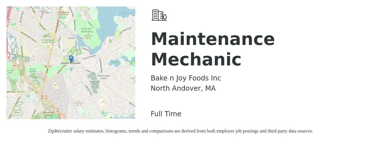 Bake n Joy Foods Inc job posting for a Maintenance Mechanic in North Andover, MA with a salary of $25 to $32 Hourly with a map of North Andover location.