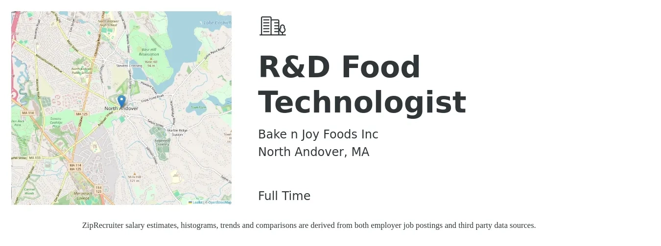 Bake n Joy Foods Inc job posting for a R&D Food Technologist in North Andover, MA with a salary of $25 to $36 Hourly with a map of North Andover location.
