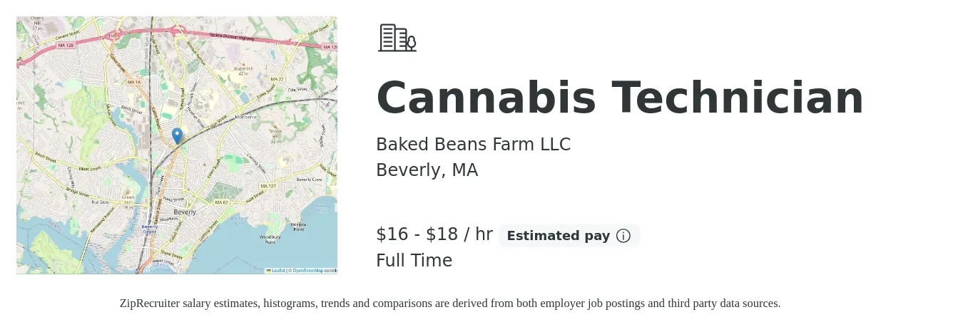 Baked Beans Farm LLC job posting for a Cannabis Technician in Beverly, MA with a salary of $17 to $19 Hourly with a map of Beverly location.