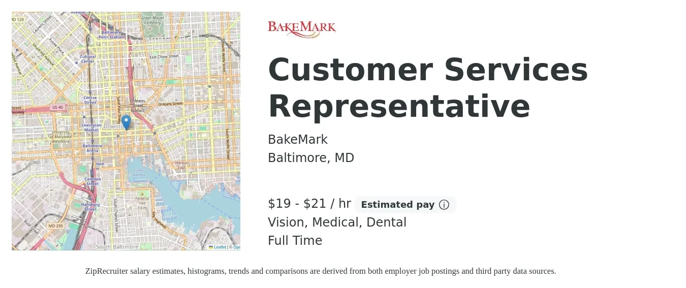 BakeMark job posting for a Customer Services Representative in Baltimore, MD with a salary of $20 to $22 Hourly and benefits including medical, pto, retirement, vision, dental, and life_insurance with a map of Baltimore location.