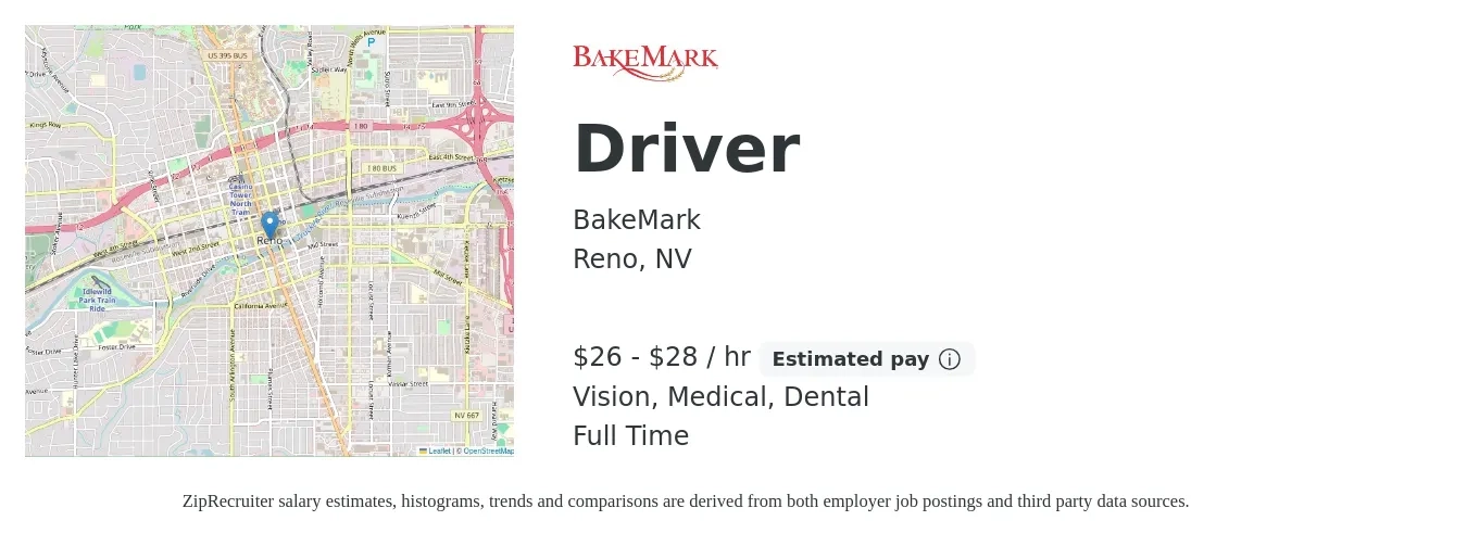 BakeMark job posting for a Driver in Reno, NV with a salary of $28 to $30 Hourly and benefits including life_insurance, medical, retirement, vision, and dental with a map of Reno location.