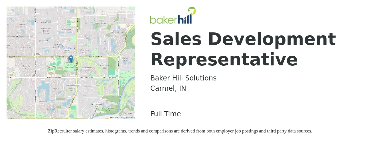 Baker Hill Solutions job posting for a Sales Development Representative in Carmel, IN with a salary of $39,800 to $57,800 Yearly with a map of Carmel location.