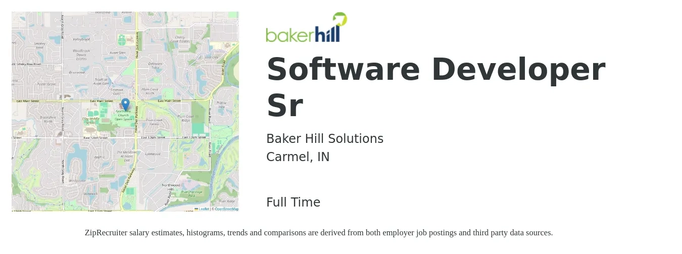 Baker Hill Solutions job posting for a Software Developer Sr in Carmel, IN with a salary of $52 to $68 Hourly with a map of Carmel location.