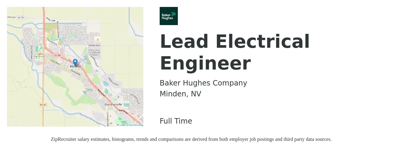Baker Hughes job posting for a Lead Electrical Engineer in Minden, NV with a salary of $100,000 to $125,000 Yearly and benefits including life_insurance, medical, pto, retirement, vision, and dental with a map of Minden location.
