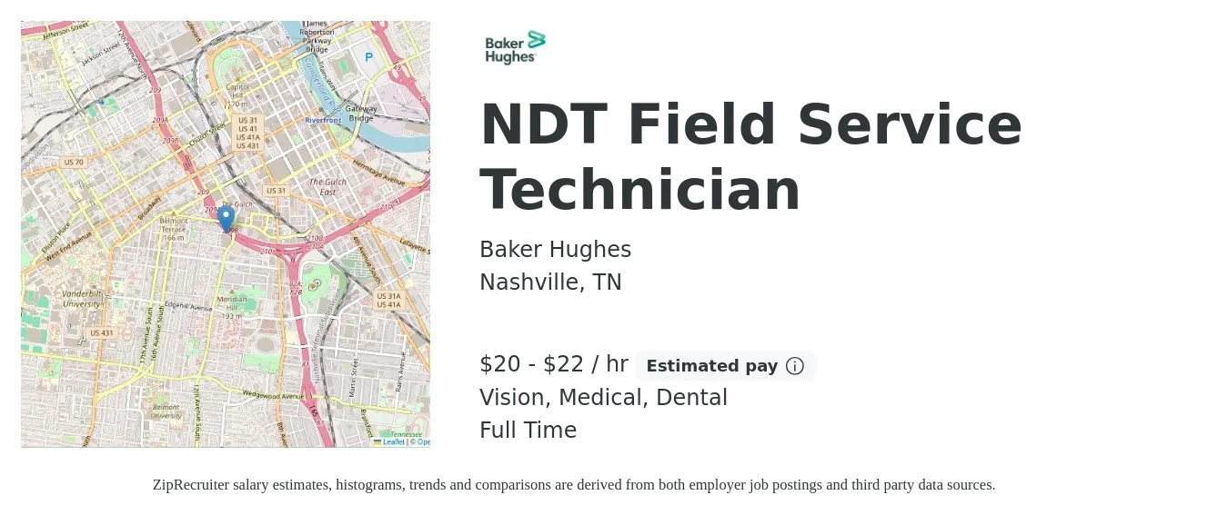 Baker Hughes job posting for a NDT Field Service Technician in Nashville, TN with a salary of $21 to $23 Hourly and benefits including medical, pto, retirement, vision, dental, and life_insurance with a map of Nashville location.