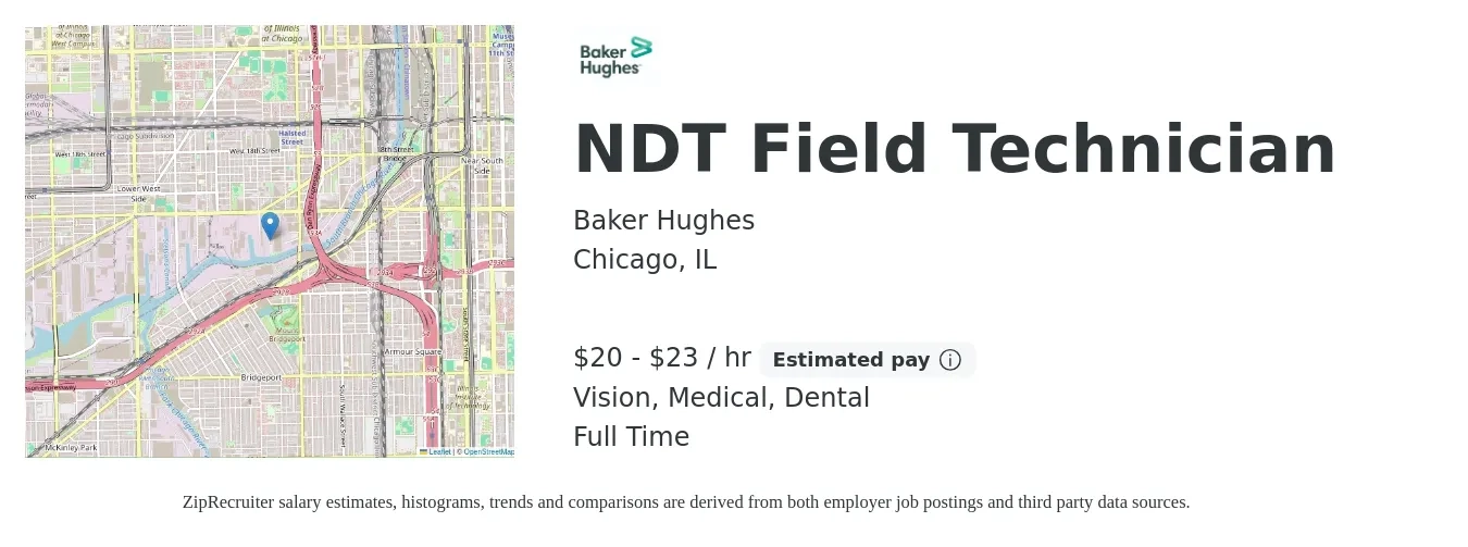 Baker Hughes job posting for a NDT Field Technician in Chicago, IL with a salary of $21 to $24 Hourly and benefits including dental, life_insurance, medical, pto, retirement, and vision with a map of Chicago location.