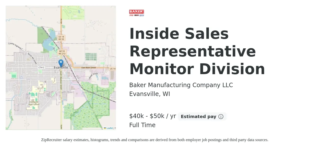 Baker Manufacturing Company LLC job posting for a Inside Sales Representative Monitor Division in Evansville, WI with a salary of $40,000 to $50,000 Yearly with a map of Evansville location.