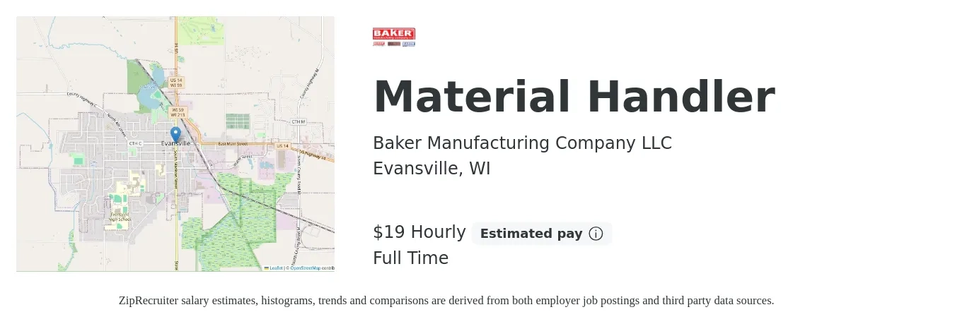 Baker Manufacturing Company LLC job posting for a Material Handler in Evansville, WI with a salary of $20 Hourly with a map of Evansville location.