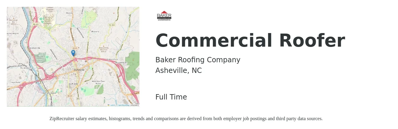 Baker Roofing Company job posting for a Commercial Roofer in Asheville, NC with a salary of $20 Hourly with a map of Asheville location.