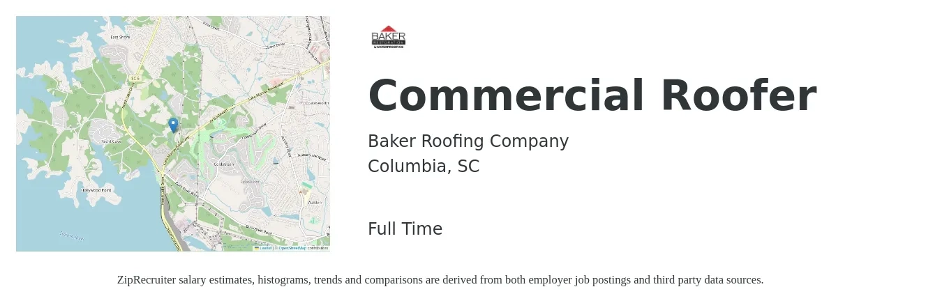 Baker Roofing Company job posting for a Commercial Roofer in Columbia, SC with a salary of $19 to $26 Hourly with a map of Columbia location.