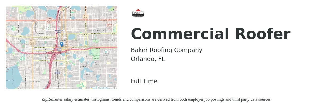 Baker Roofing Company job posting for a Commercial Roofer in Orlando, FL with a salary of $19 to $26 Hourly with a map of Orlando location.