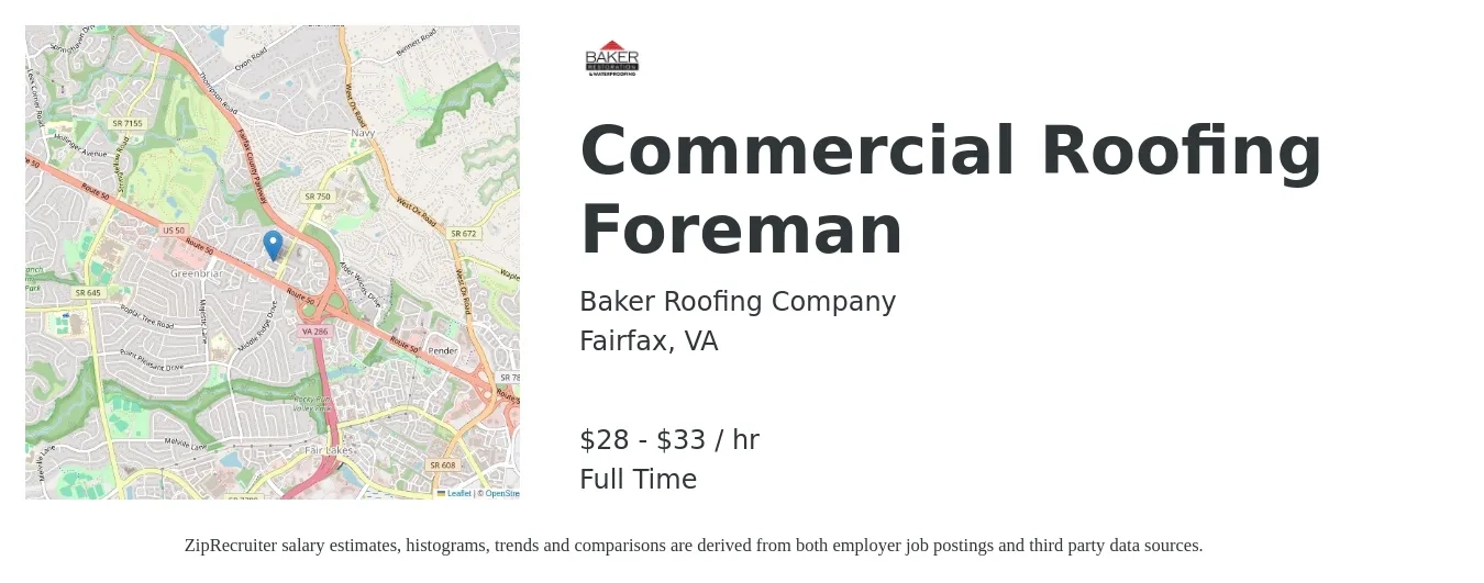 Baker Roofing Company job posting for a Commercial Roofing Foreman in Fairfax, VA with a salary of $30 to $35 Hourly with a map of Fairfax location.