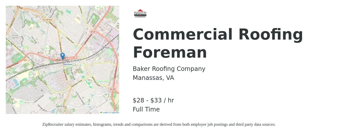 Baker Roofing Company job posting for a Commercial Roofing Foreman in Manassas, VA with a salary of $30 to $35 Hourly with a map of Manassas location.