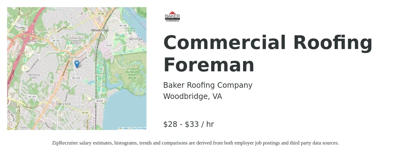 Baker Roofing Company job posting for a Commercial Roofing Foreman in Woodbridge, VA with a salary of $30 to $35 Hourly with a map of Woodbridge location.