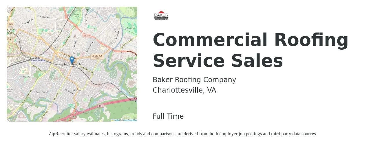Baker Roofing Company job posting for a Commercial Roofing Service Sales in Charlottesville, VA with a salary of $58,500 to $94,700 Yearly with a map of Charlottesville location.