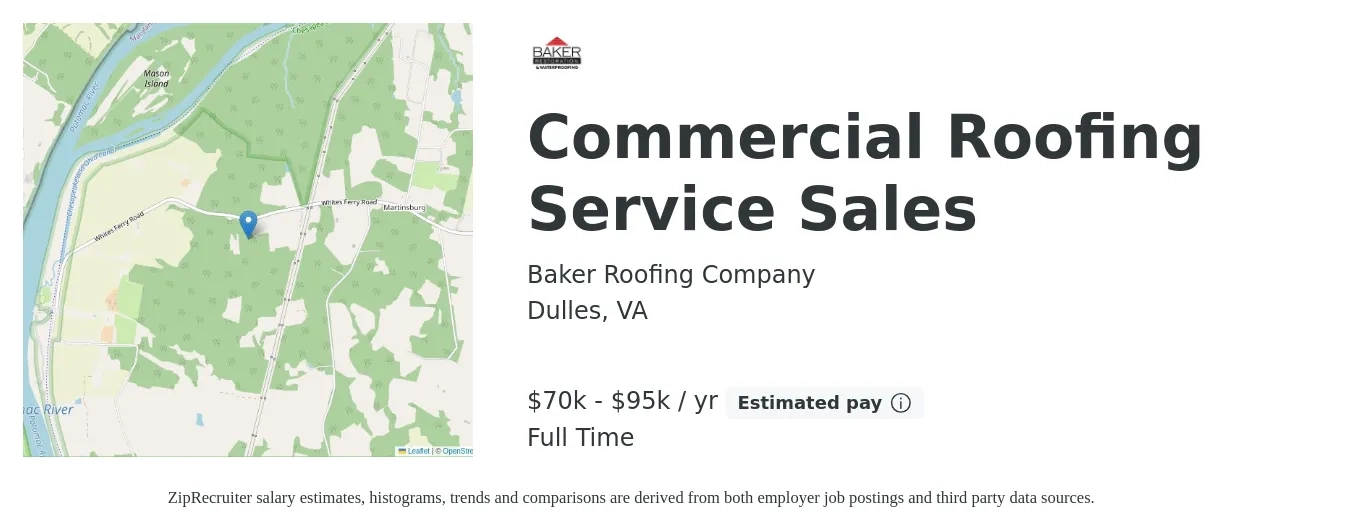 Baker Roofing Company job posting for a Commercial Roofing Service Sales in Dulles, VA with a salary of $70,000 to $95,000 Yearly with a map of Dulles location.