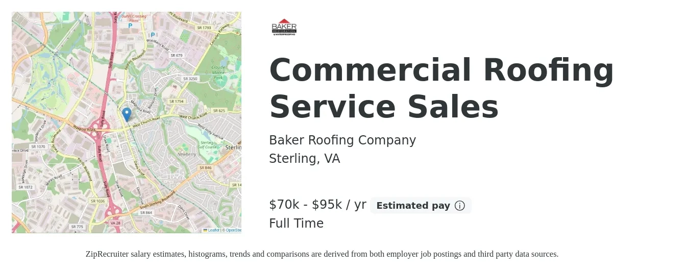 Baker Roofing Company job posting for a Commercial Roofing Service Sales in Sterling, VA with a salary of $58,300 to $99,300 Yearly with a map of Sterling location.