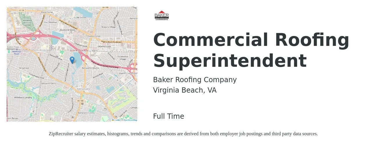 Baker Roofing Company job posting for a Commercial Roofing Superintendent in Virginia Beach, VA with a salary of $26 to $35 Hourly with a map of Virginia Beach location.