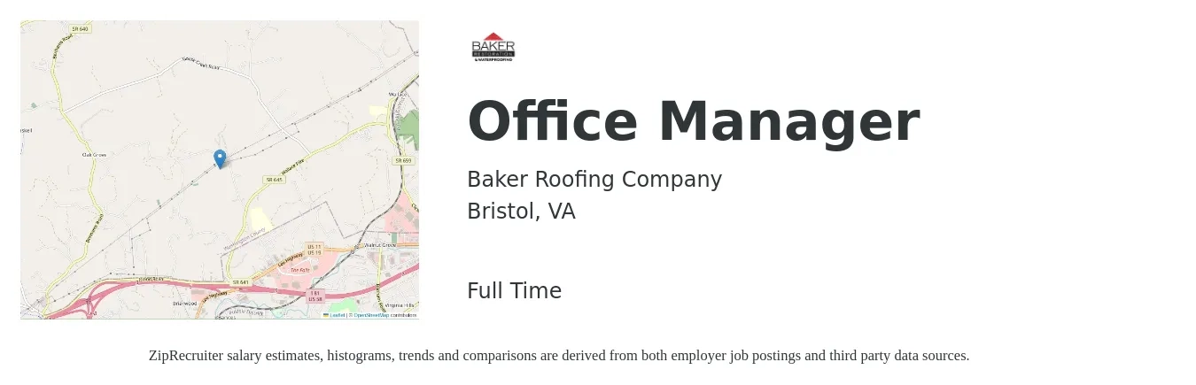 Baker Roofing Company job posting for a Office Manager in Bristol, VA with a salary of $38,900 to $57,300 Yearly with a map of Bristol location.