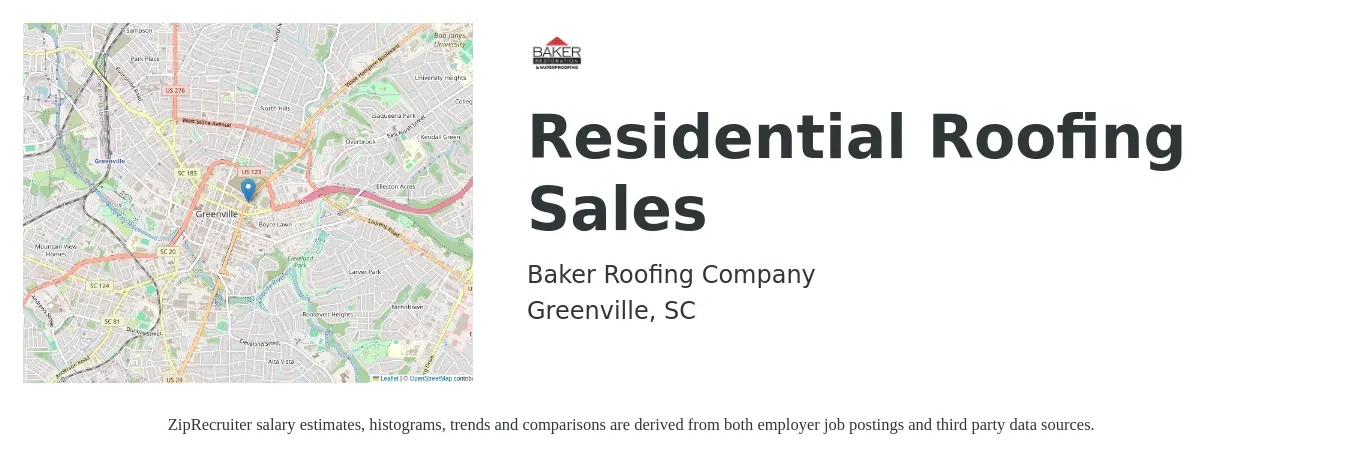 Baker Roofing Company job posting for a Residential Roofing Sales in Greenville, SC with a salary of $55,500 to $89,800 Yearly with a map of Greenville location.