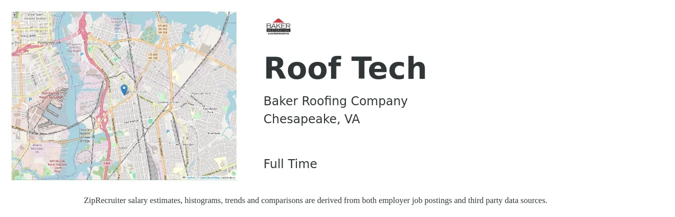Baker Roofing Company job posting for a Roof Tech in Chesapeake, VA with a salary of $20 to $24 Hourly with a map of Chesapeake location.