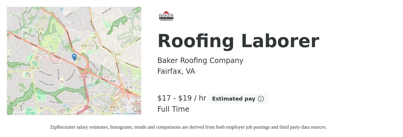 Baker Roofing Company job posting for a Roofing Laborer in Fairfax, VA with a salary of $18 to $24 Hourly with a map of Fairfax location.