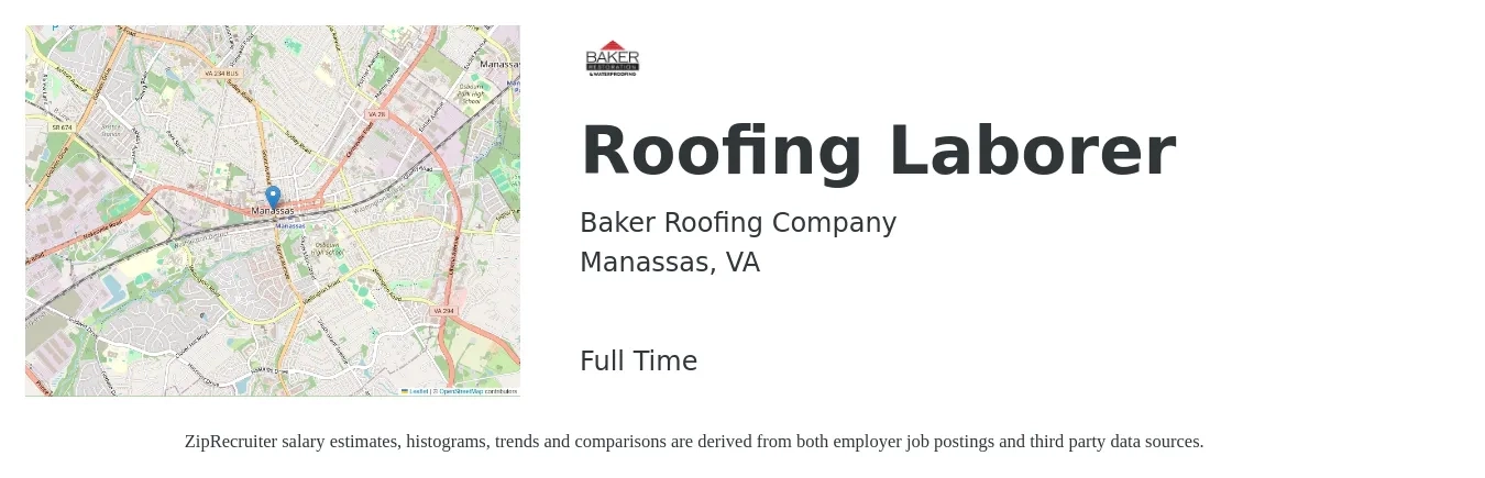 Baker Roofing Company job posting for a Roofing Laborer in Manassas, VA with a salary of $18 to $23 Hourly with a map of Manassas location.