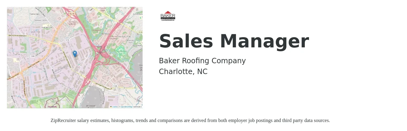 Baker Roofing Company job posting for a Sales Manager in Charlotte, NC with a salary of $44,000 to $94,300 Yearly with a map of Charlotte location.