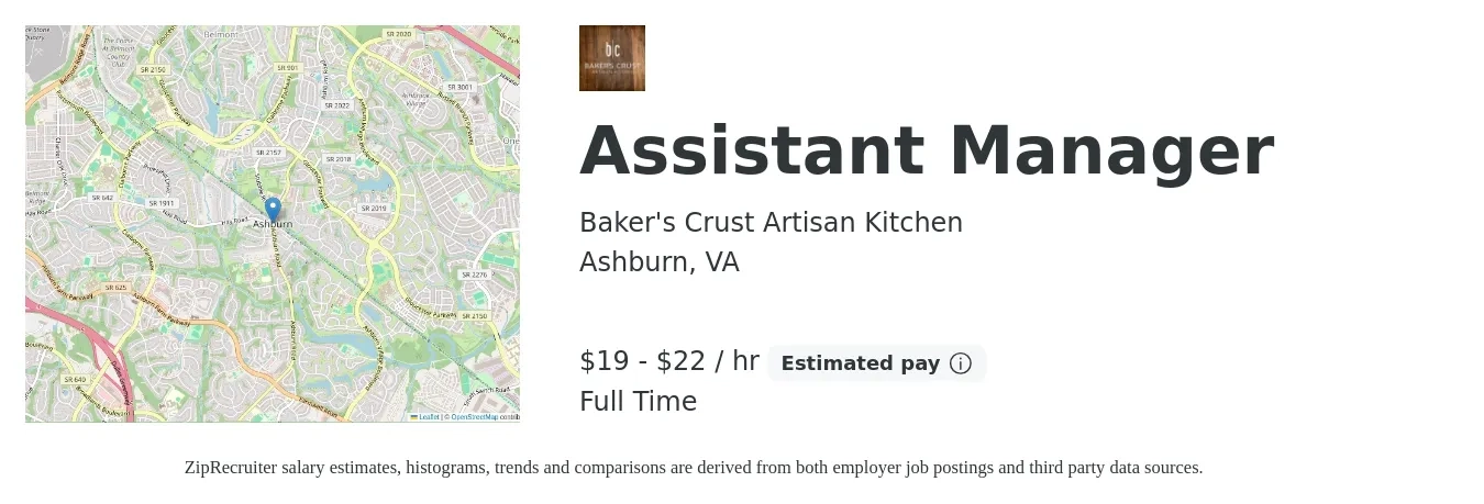 Baker's Crust Artisan Kitchen job posting for a Assistant Manager in Ashburn, VA with a salary of $20 to $23 Hourly with a map of Ashburn location.