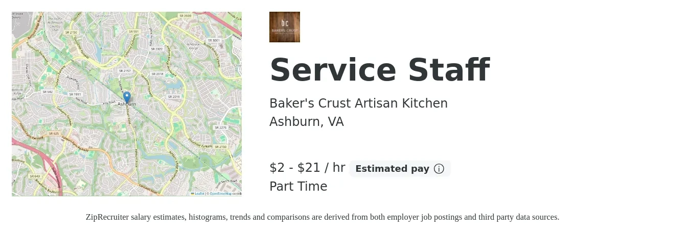 Baker's Crust Artisan Kitchen job posting for a Service Staff in Ashburn, VA with a salary of $2 to $22 Hourly with a map of Ashburn location.