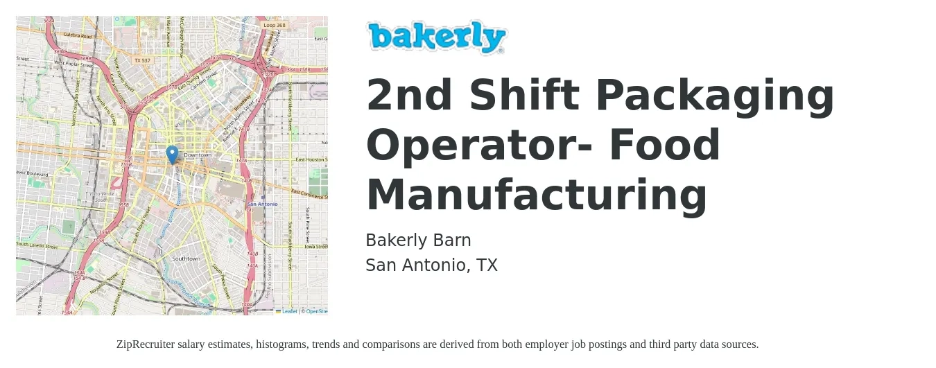 Bakerly Barn job posting for a 2nd Shift Packaging Operator- Food Manufacturing in San Antonio, TX with a salary of $18 to $21 Hourly with a map of San Antonio location.