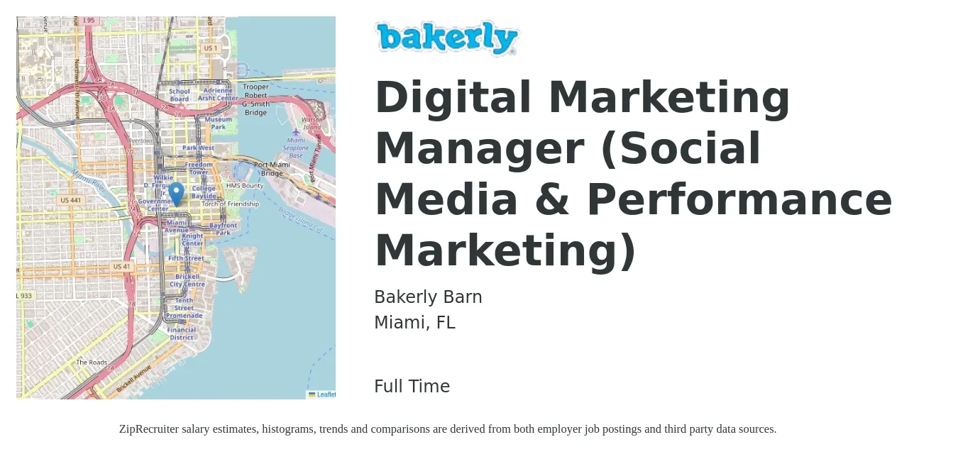 Bakerly Barn job posting for a Digital Marketing Manager (Social Media & Performance Marketing) in Miami, FL with a salary of $45,400 to $73,200 Yearly with a map of Miami location.