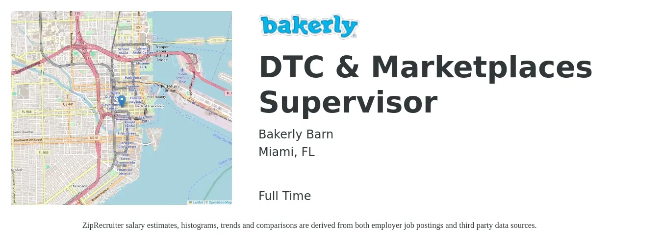 Bakerly Barn job posting for a DTC & Marketplaces Supervisor in Miami, FL with a map of Miami location.