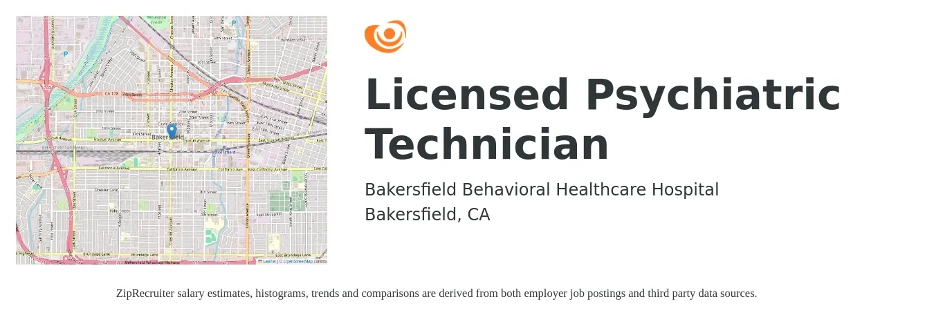 Bakersfield Behavioral Healthcare Hospital job posting for a Licensed Psychiatric Technician in Bakersfield, CA with a salary of $33 to $41 Hourly with a map of Bakersfield location.