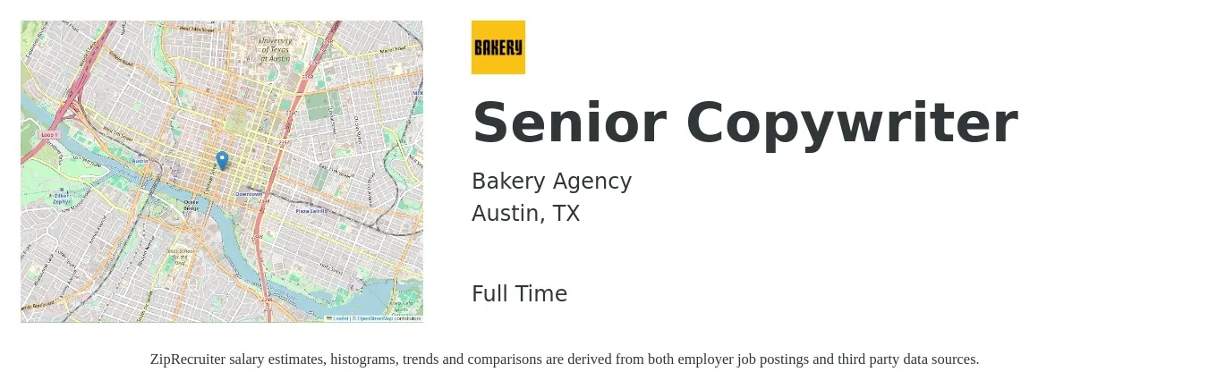 Bakery Agency job posting for a Senior Copywriter in Austin, TX with a salary of $68,100 to $103,100 Yearly with a map of Austin location.
