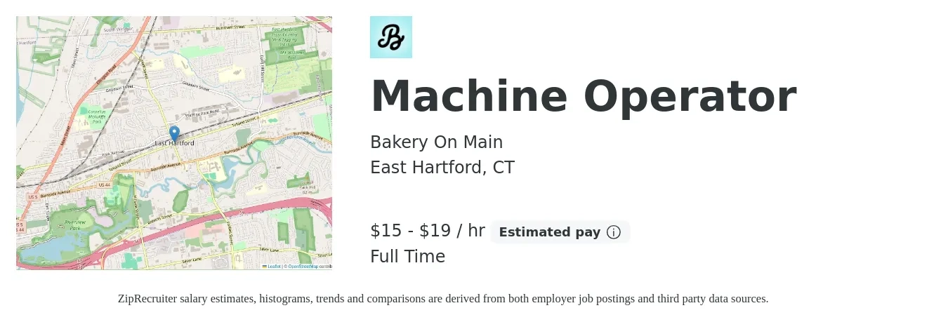 Bakery On Main job posting for a Machine Operator in East Hartford, CT with a salary of $16 to $20 Hourly with a map of East Hartford location.