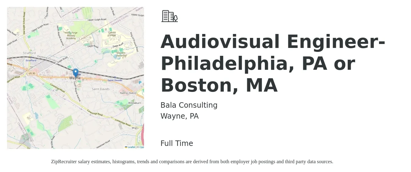 Bala Consulting job posting for a Audiovisual Engineer- Philadelphia, PA or Boston, MA in Wayne, PA with a salary of $24 to $40 Hourly with a map of Wayne location.