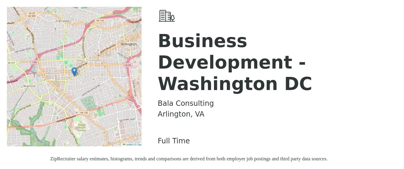 Bala Consulting job posting for a Business Development -Washington DC in Arlington, VA with a salary of $69,700 to $114,300 Yearly with a map of Arlington location.
