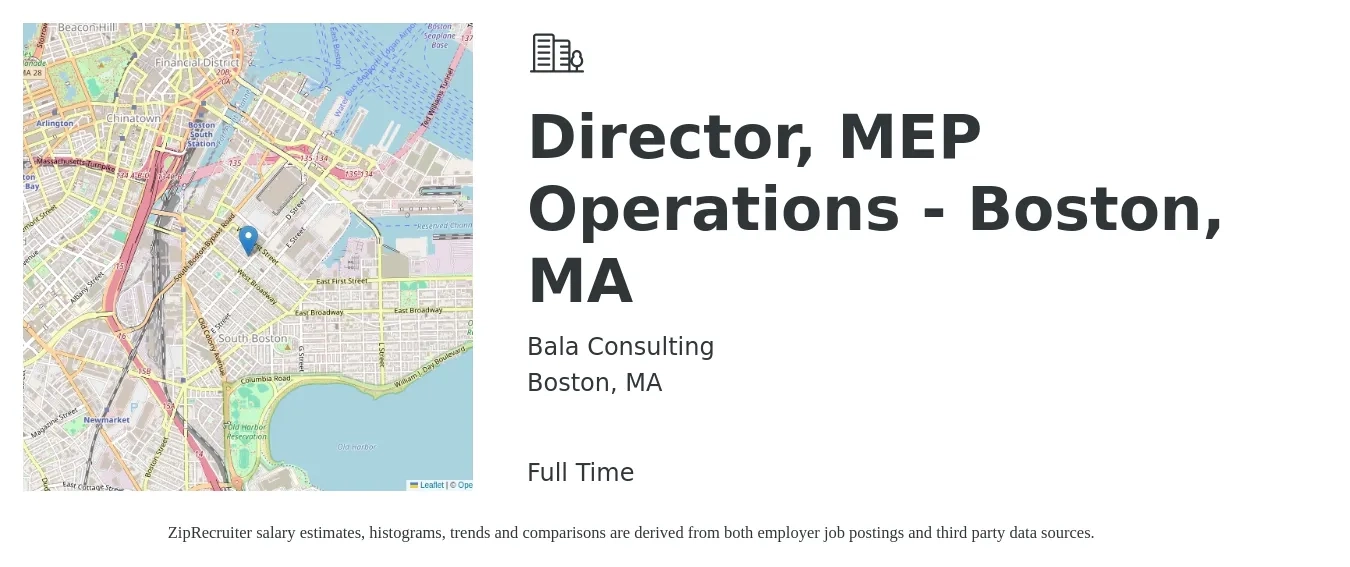 Bala Consulting job posting for a Director, MEP Operations - Boston, MA in Boston, MA with a salary of $82,300 to $147,600 Yearly with a map of Boston location.